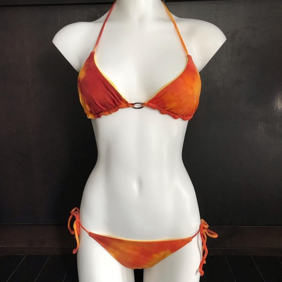 Billabong BLUE CRUSH era Vintage bikini tie dye reversible orange solid yellow - Picture 2 of 12